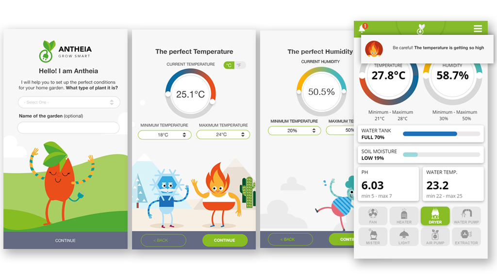 Antheia onboarding — meet Antheia, set temperature, set humidity, monitor dashboard